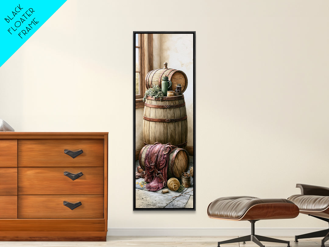 Whiskey Barrel and Leather Still Life Framed Canvas Print, Rustic Art, 3d Wall Art, Farmhouse Decor, Fine Art, Rustic, RUS-1x3-79