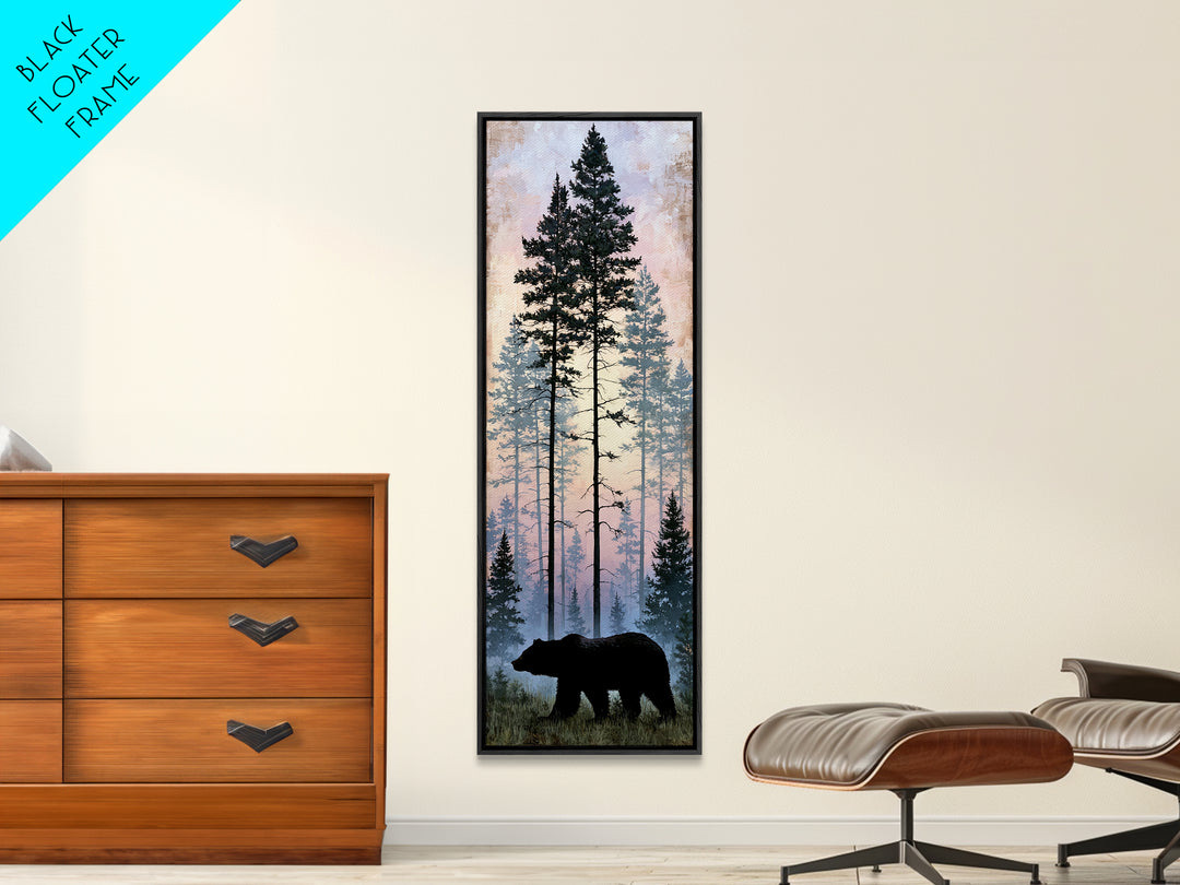 Bear Silhouette Among Pine Trees Framed Canvas Print, Rustic Art, Gallery Wall Art, Farmhouse Decor, Oil Painting, Rustic, RUS-1x3-91