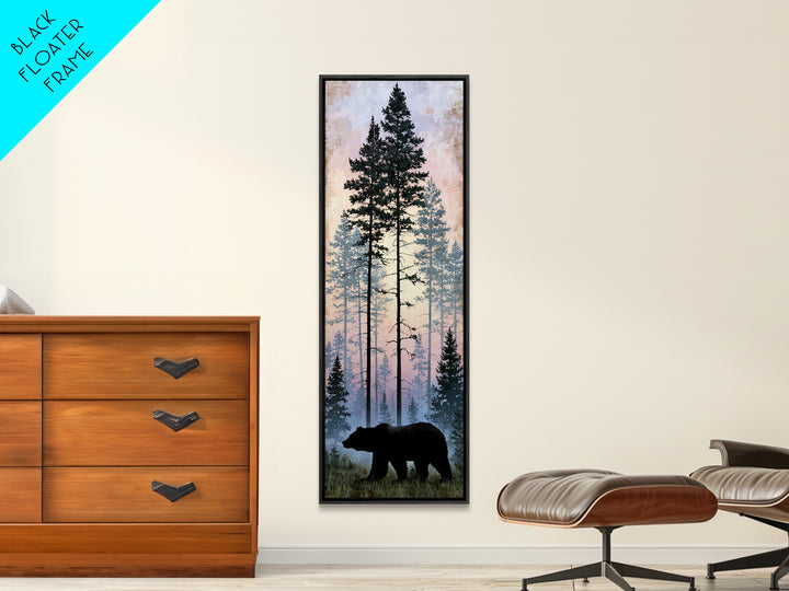 Bear Silhouette Among Pine Trees Framed Canvas Print, Rustic Art, Gallery Wall Art, Farmhouse Decor, Oil Painting, Rustic, RUS-1x3-91