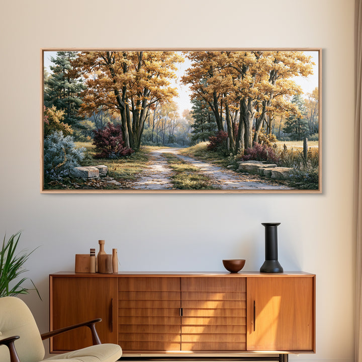 Forest Path with Golden Autumn Leaves Framed Canvas Print, Rustic Art, Modern Decor, Farmhouse Decor, Fine Art, Rustic, RUS-2x1-14