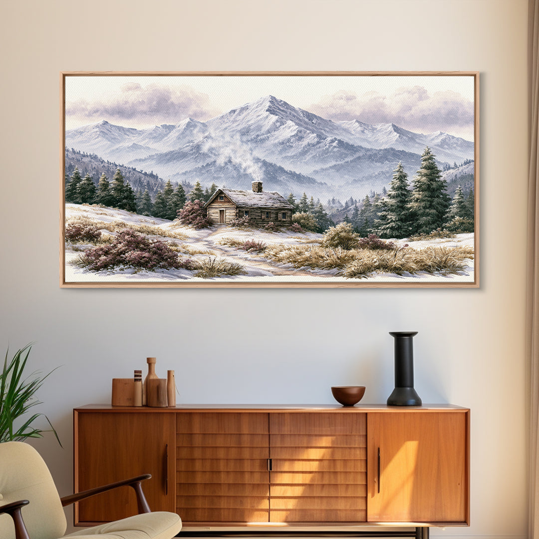 Winter Mountain Scene Framed Canvas Print, Rustic Art, Landscape Wall Art, Farmhouse Decor, Fine Art, Rustic, Luxury Decor, RUS-2x1-19