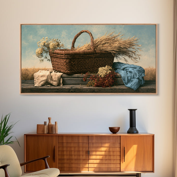 Handwoven Basket with Dried Grasses Framed Canvas Print, Rustic Art, Fine Art Print, Farmhouse Decor, Fine Art, Rustic, RUS-2x1-20