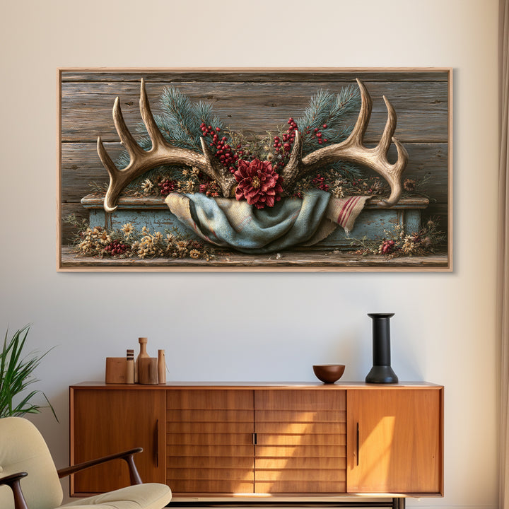 Deer Antlers with Pine Branches and Berries Canvas Print, Rustic Art, Statement Artwork, Farmhouse Decor, Fine Art, Rustic, RUS-2x1-22