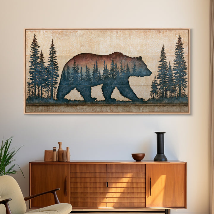 Bear Silhouette Among Pine Trees Framed Canvas Print, Rustic Art, Modern Decor, Farmhouse Decor, Oil Painting, Rustic, RUS-2x1-27
