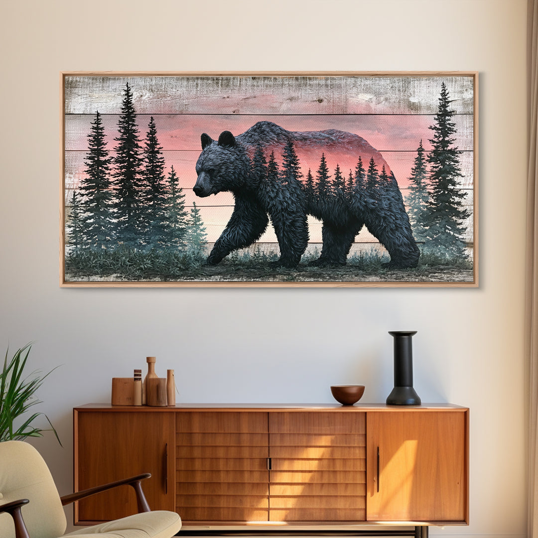 Bear Silhouette Among Pine Trees Framed Canvas Print, Rustic Art, Printable Art, Farmhouse Decor, Rustic, Farmhouse Wall Art, RUS-2x1-3