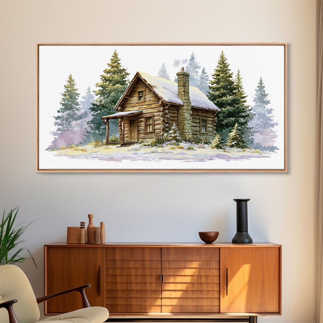 Log Cabin with Snowy Pines Framed Canvas Print, Rustic Art, Farmhouse Decor, Oil Painting, Rustic, Wood Wall Art, RUS-2x1-35
