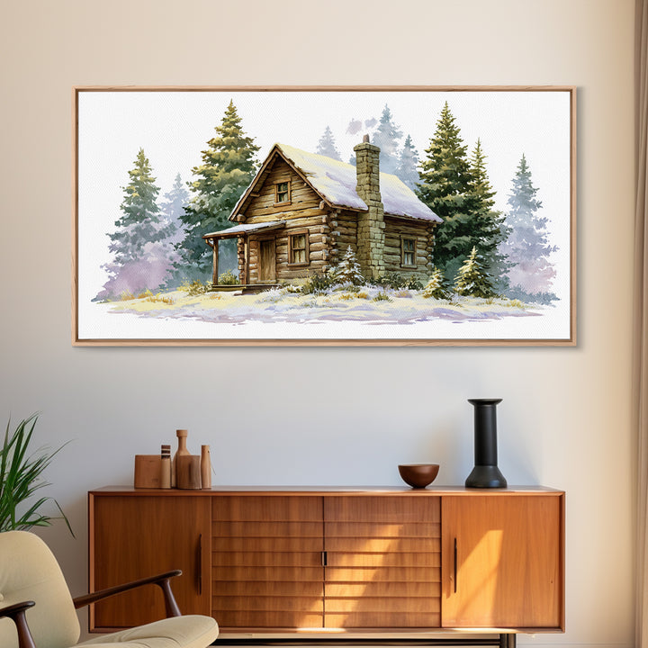 Log Cabin with Snowy Pines Framed Canvas Print, Rustic Art, Farmhouse Decor, Oil Painting, Rustic, Wood Wall Art, RUS-2x1-35