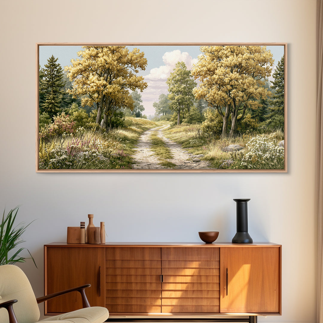 Forest Path with Golden Autumn Leaves Framed Canvas Print, Rustic Art, Modern Decor, Farmhouse Decor, Fine Art, Rustic, RUS-2x1-38