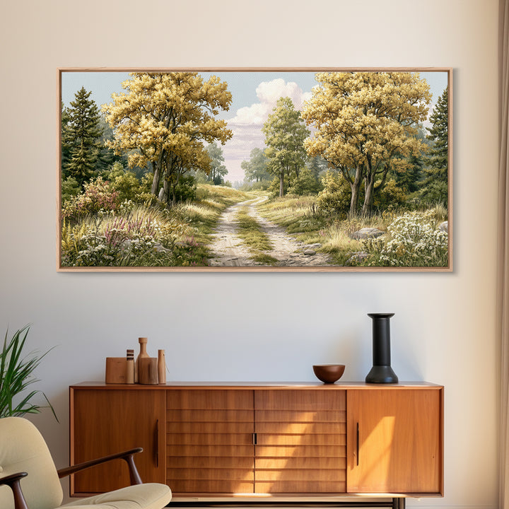 Forest Path with Golden Autumn Leaves Framed Canvas Print, Rustic Art, Modern Decor, Farmhouse Decor, Fine Art, Rustic, RUS-2x1-38
