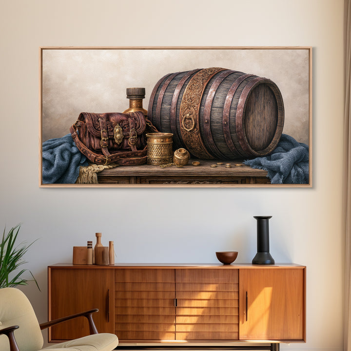 Whiskey Barrel and Leather Still Life Canvas Print, Rustic Art, Digital Prints, Farmhouse Decor, Oil Painting, Rustic, RUS-2x1-39