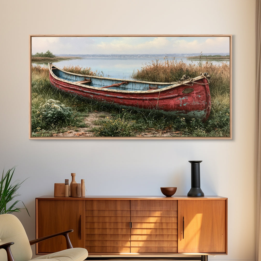 Old Canoe Pulled Onto a Lake Shore Framed Canvas Print, Rustic Art, Home Decor, Farmhouse Decor, Rustic, Living Room Decor, RUS-2x1-40