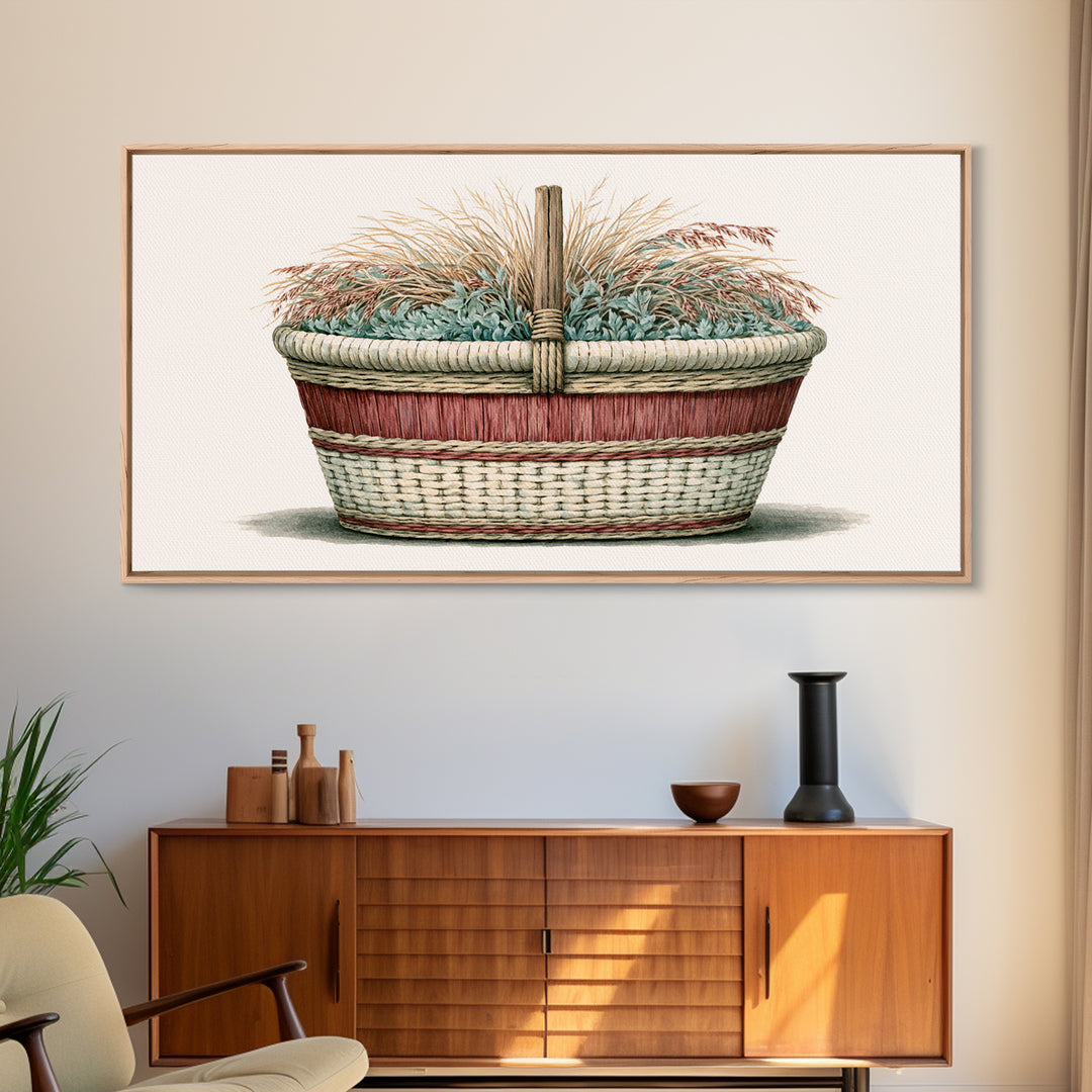 Handwoven Basket with Dried Grasses Canvas Print, Rustic Art, Textured Painting, Farmhouse Decor, Abstract Art, Rustic, RUS-2x1-44