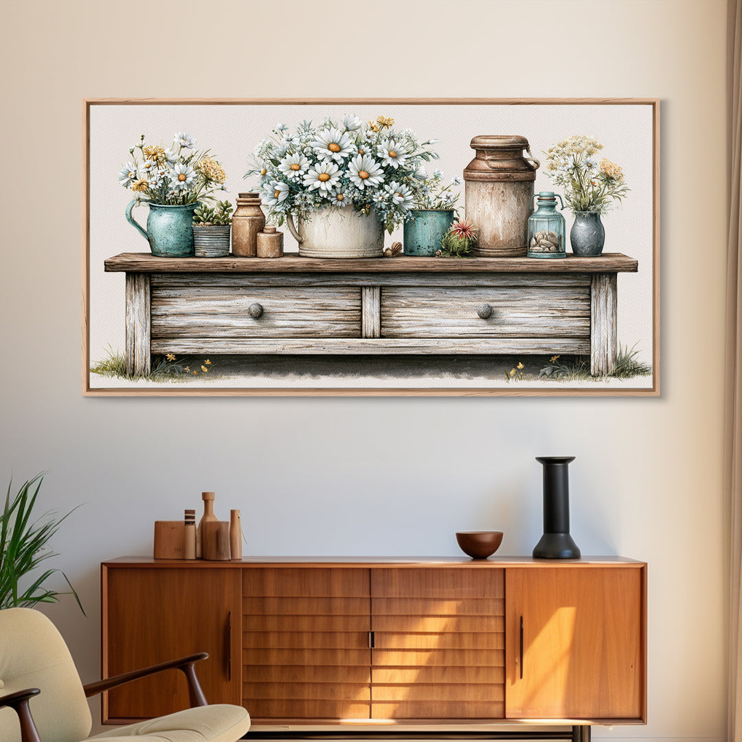 Weathered Barn Wood and Wildflower Still Life Framed Canvas Print, Rustic Art, Digital Art, Farmhouse Decor, Oil Painting, RUS-2x1-45