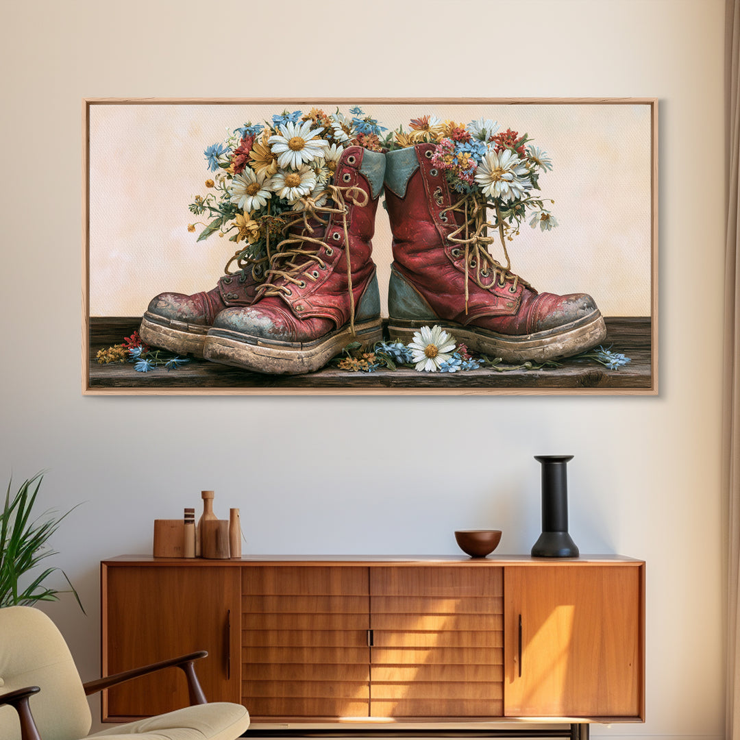 Old Boots Filled Framed Canvas Print, Rustic Art, Minimalist Decor, Farmhouse Decor, Oil Painting, Rustic, Printable Art, RUS-2x1-50