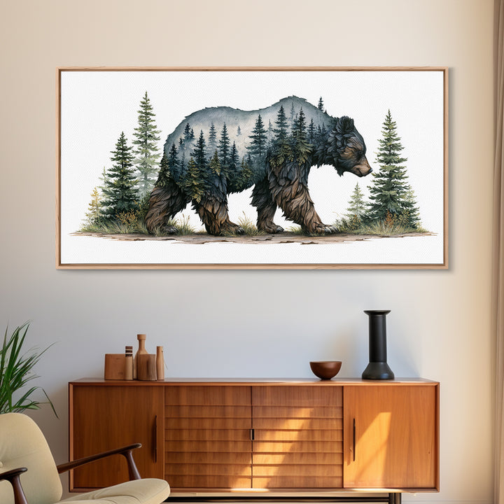 Bear Silhouette Among Pine Trees Framed Canvas Print, Rustic Art, Farmhouse Decor, Watercolor Art, Rustic, Gallery Wall Art, RUS-2x1-51