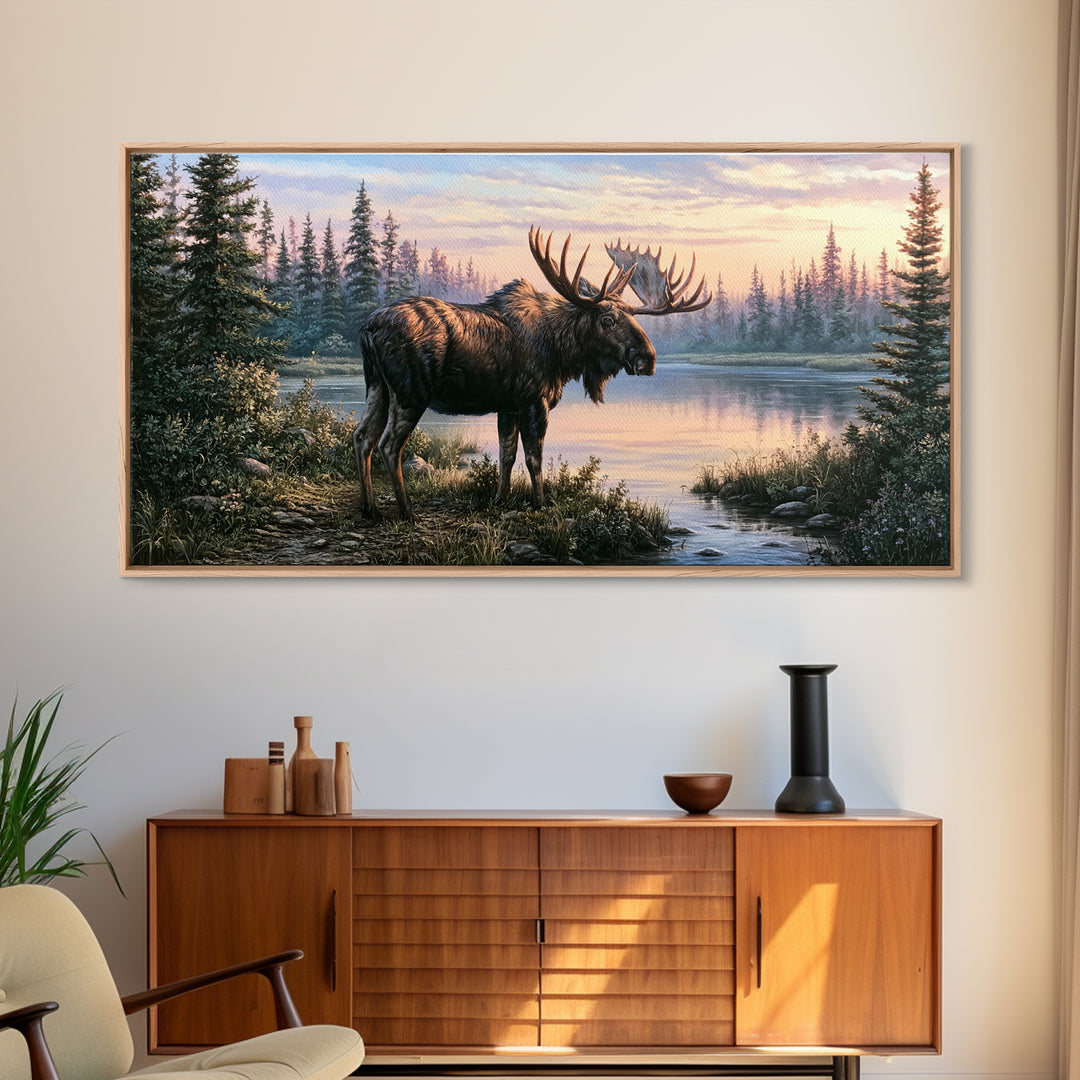 Moose Standing by a Quiet Lake Canvas Print, Rustic Art, Oil Painting, Farmhouse Decor, Fine Art, Rustic, Modern Art, RUS-2x1-53