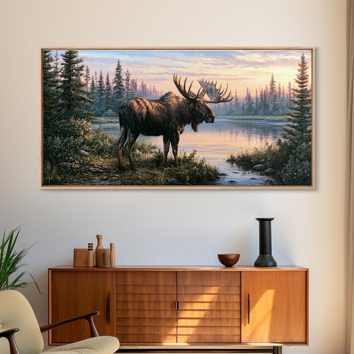 Moose Standing by a Quiet Lake Canvas Print, Rustic Art, Oil Painting, Farmhouse Decor, Fine Art, Rustic, Modern Art, RUS-2x1-53