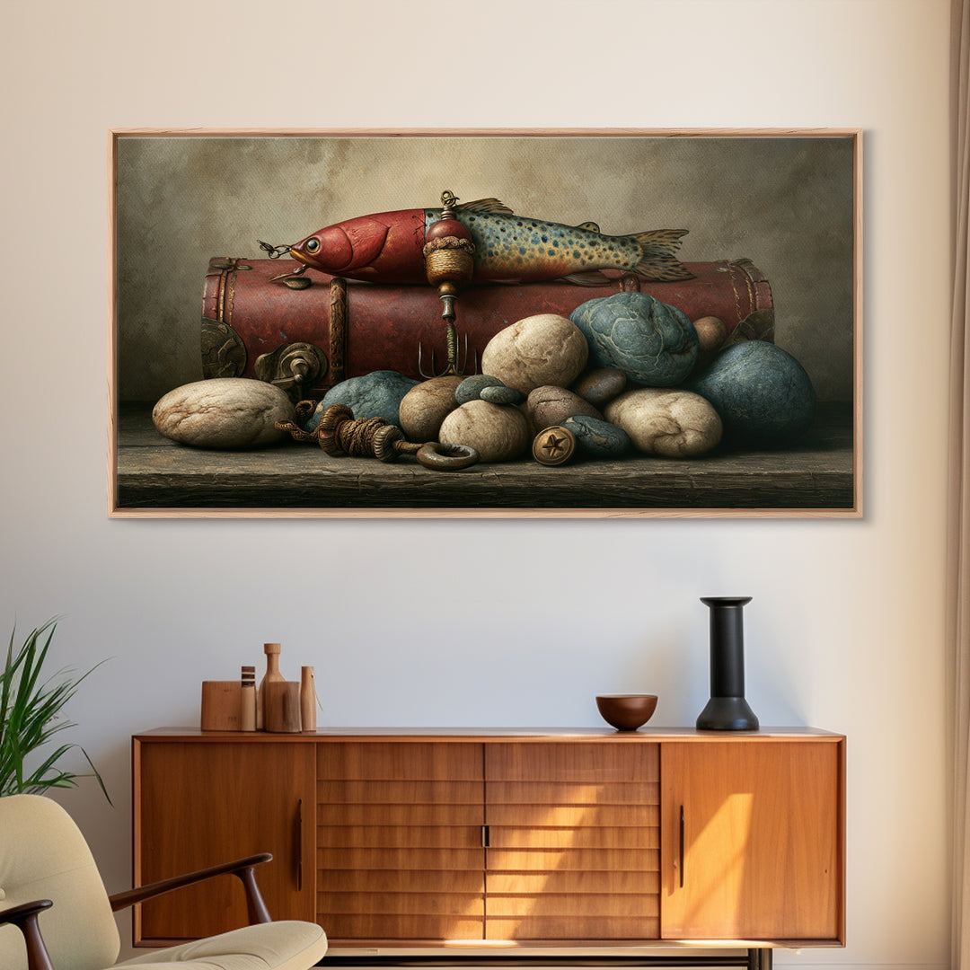 Trout Fishing Lure and River Stones Canvas Print, Rustic Art, Wall Art, Farmhouse Decor, Fine Art, Rustic, Living Room Decor, RUS-2x1-58