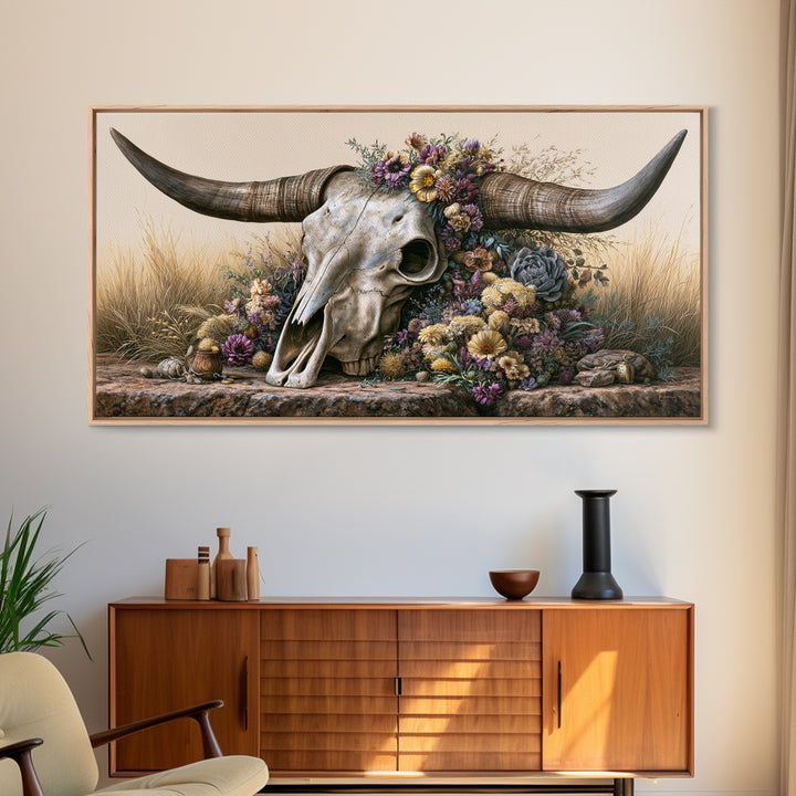 Cow Skull with Desert Flowers Canvas Print, Rustic Art, Digital Prints, Farmhouse Decor, Fine Art, Rustic, 3d Wall Art, RUS-2x1-61