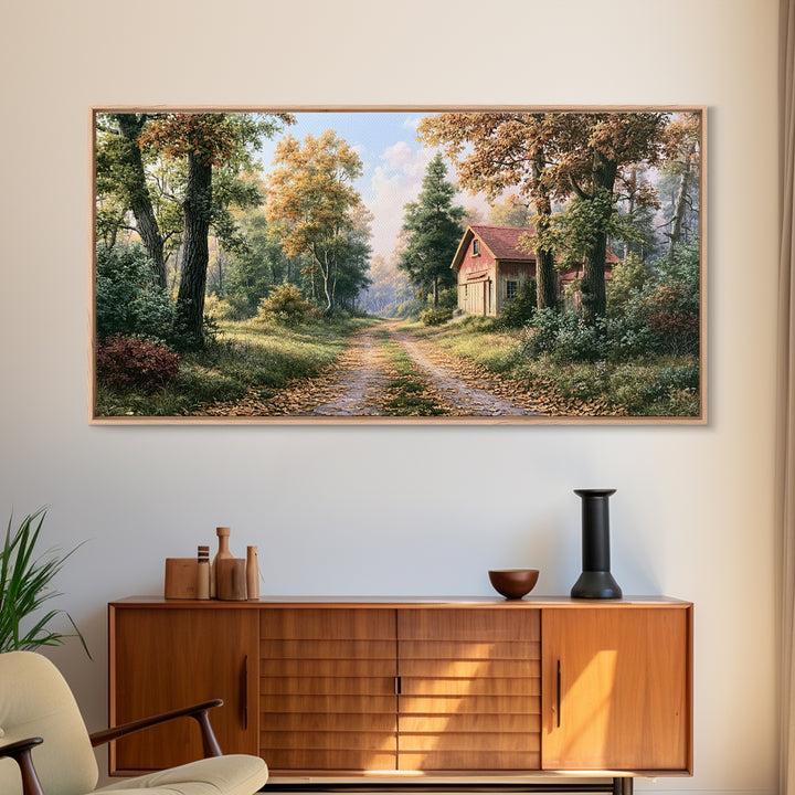 Forest Path with Golden Autumn Leaves Canvas Print, Rustic Art, Room Decor, Farmhouse Decor, Fine Art, Rustic, Oil Painting, RUS-2x1-62
