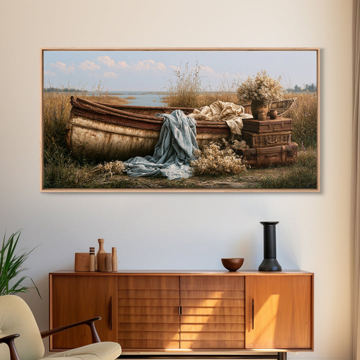 Old Canoe Pulled Onto a Lake Shore Canvas Print, Rustic Art, Printable Wall Art, Farmhouse Decor, Oil Painting, Rustic, RUS-2x1-64
