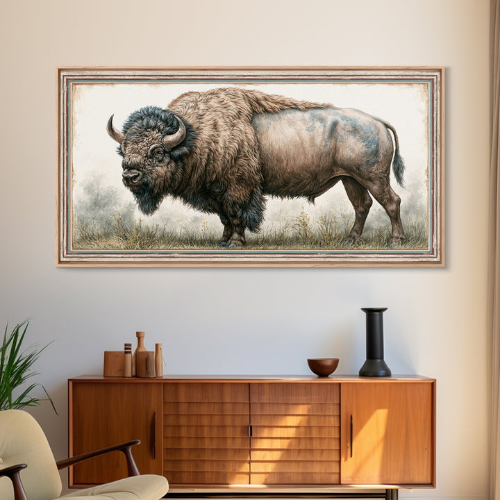 Buffalo Portrait with Western Texture Canvas Print, Rustic Art, Textured Painting, Farmhouse Decor, Fine Art, Rustic, RUS-2x1-66