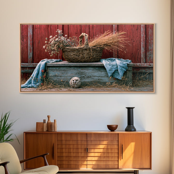 Handwoven Basket with Dried Grasses Canvas Print, Rustic Art, Oil Painting, Farmhouse Decor, Watercolor Art, Rustic, Modern Art, RUS-2x1-68