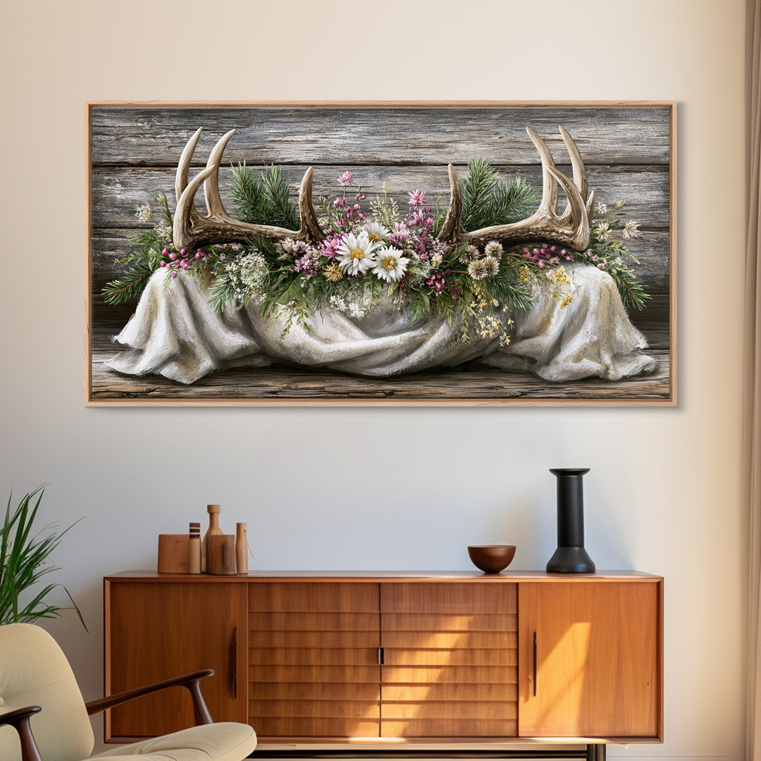 Deer Antlers with Pine Branches and Berries Canvas Print, Rustic Art, Painting, Farmhouse Decor, Oil Painting, Rustic, RUS-2x1-70