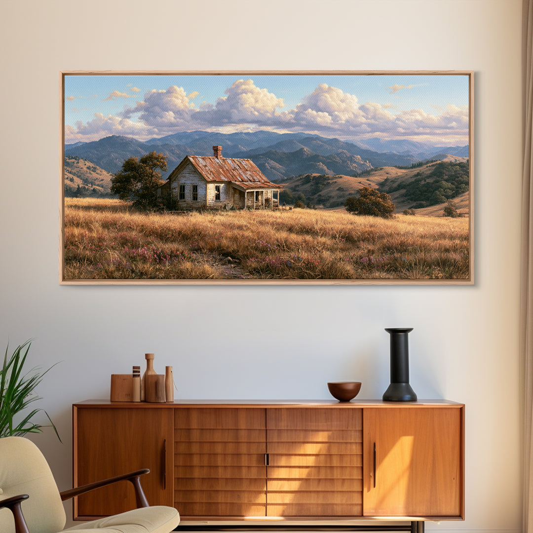 Mountain Cabin Landscape Canvas Print, Rustic Art, Farmhouse Wall Art, Farmhouse Decor, Fine Art, Rustic, Statement Artwork, RUS-2x1-71