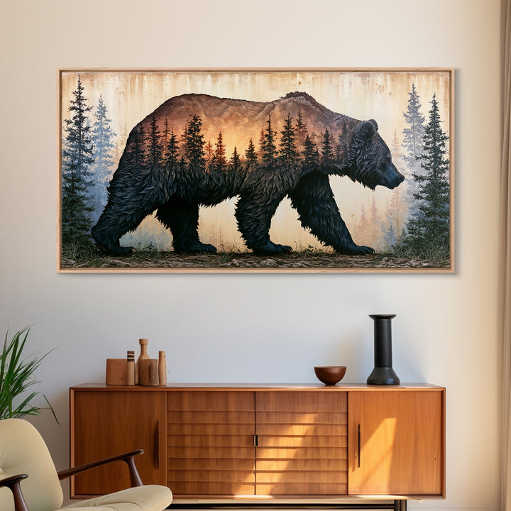 Bear Silhouette Among Pine Trees Framed Canvas Print, Rustic Art, Statement Artwork, Farmhouse Decor, Fine Art, Rustic, RUS-2x1-75