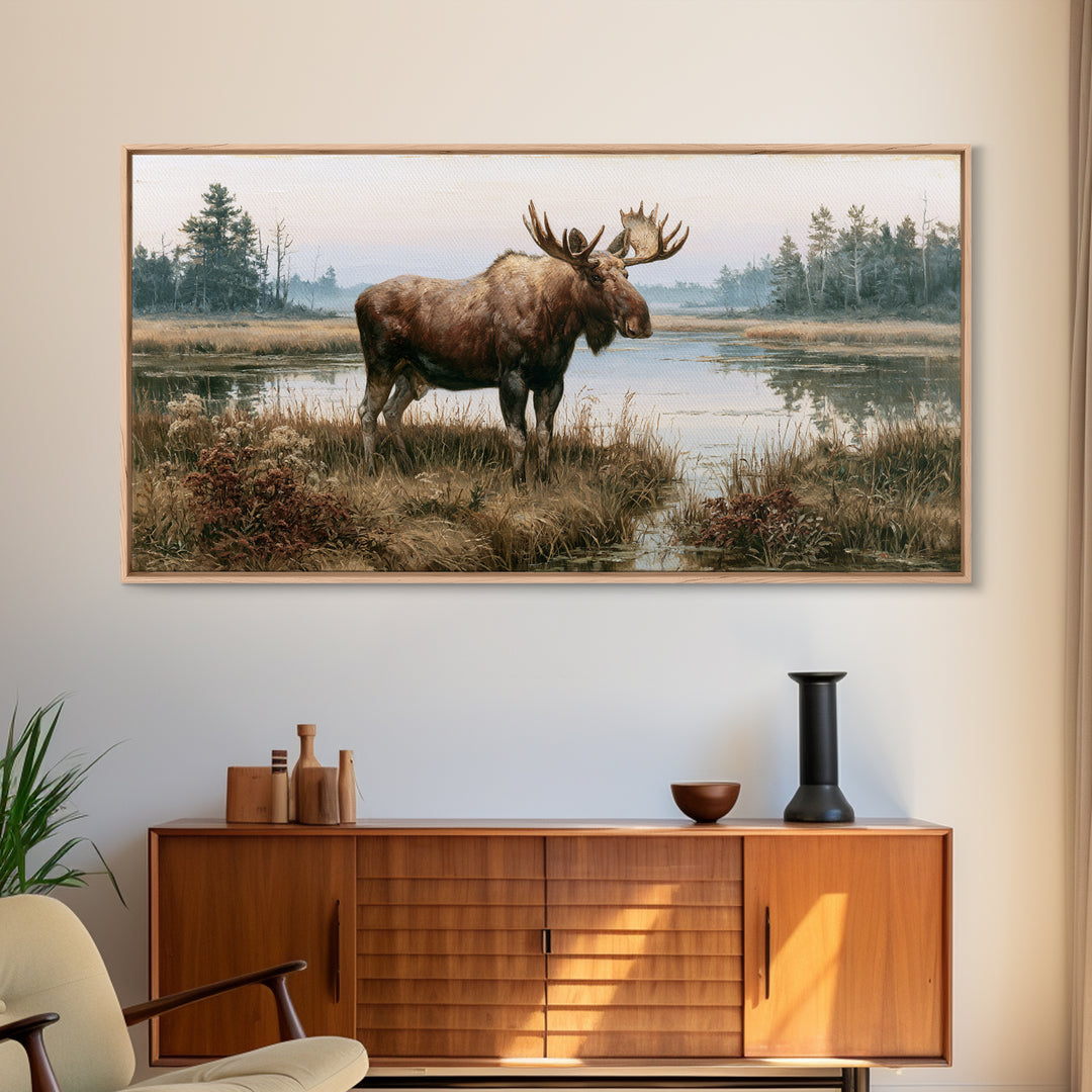 Moose Standing by a Quiet Lake Canvas Print, Rustic Art, Oil Painting, Farmhouse Decor, Fine Art, Rustic, Modern Art, RUS-2x1-77