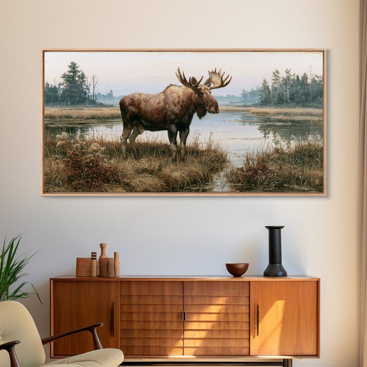 Moose Standing by a Quiet Lake Canvas Print, Rustic Art, Oil Painting, Farmhouse Decor, Fine Art, Rustic, Modern Art, RUS-2x1-77