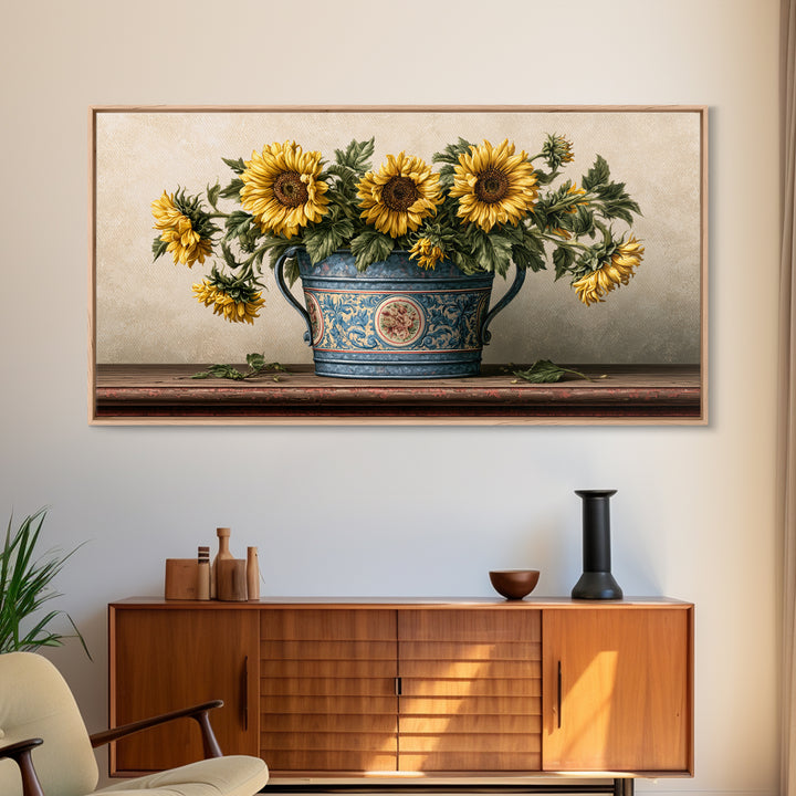 Sunflowers in a Metal Bucket Framed Canvas Print, Rustic Art, 3d Wall Art, Farmhouse Decor, Oil Painting, Rustic, RUS-2x1-80