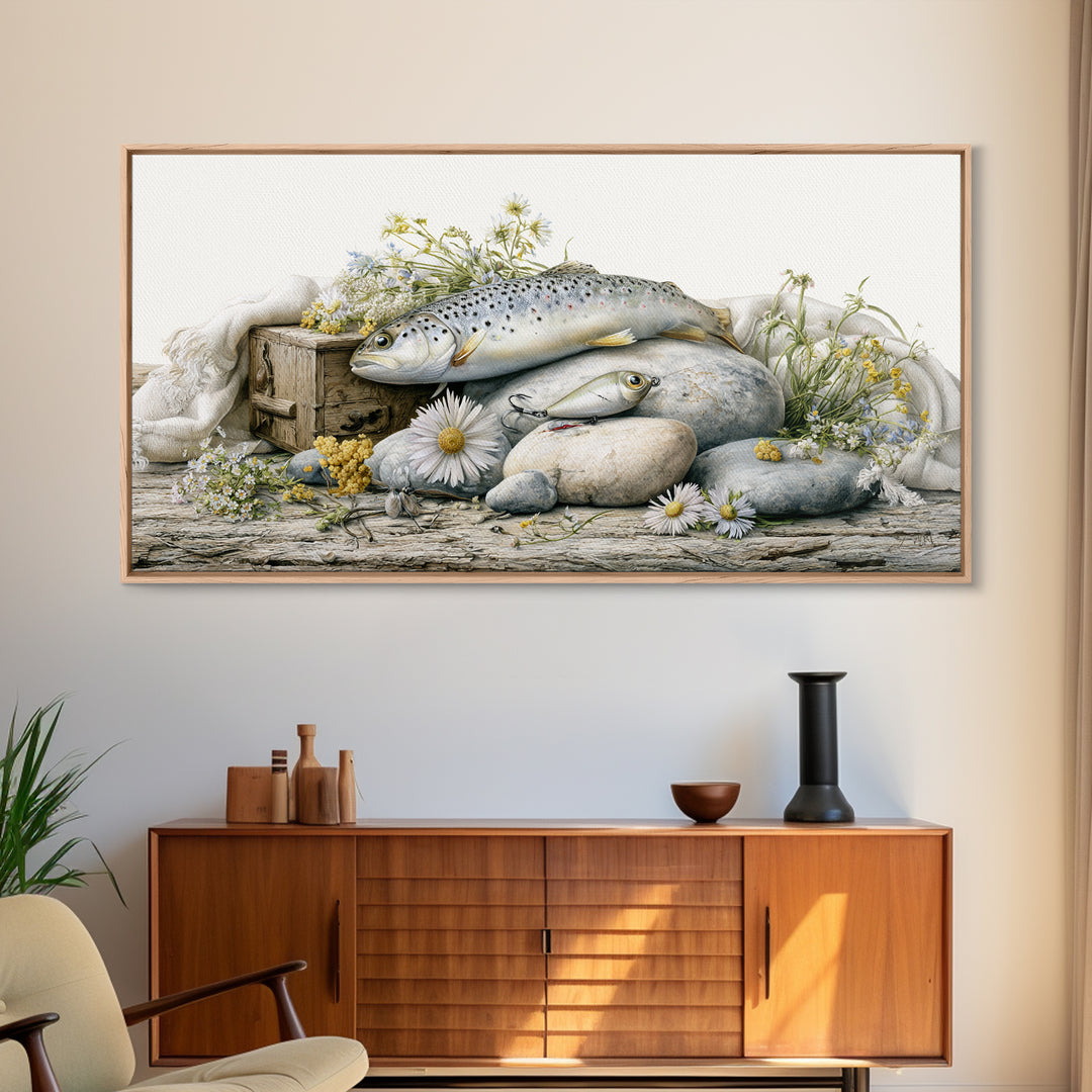 Trout Fishing Lure and River Stones Canvas Print, Rustic Art, Wall Art, Farmhouse Decor, Fine Art, Rustic, Living Room Decor, RUS-2x1-82