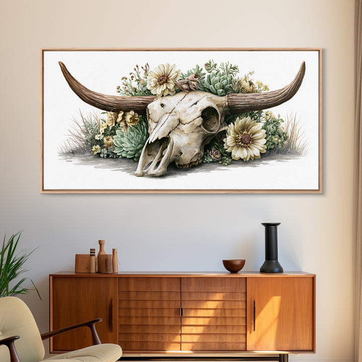 Cow Skull with Desert Flowers Framed Canvas Print, Rustic Art, Wood Wall Art, Farmhouse Decor, Rustic, Eclectic Wall Art, RUS-2x1-85