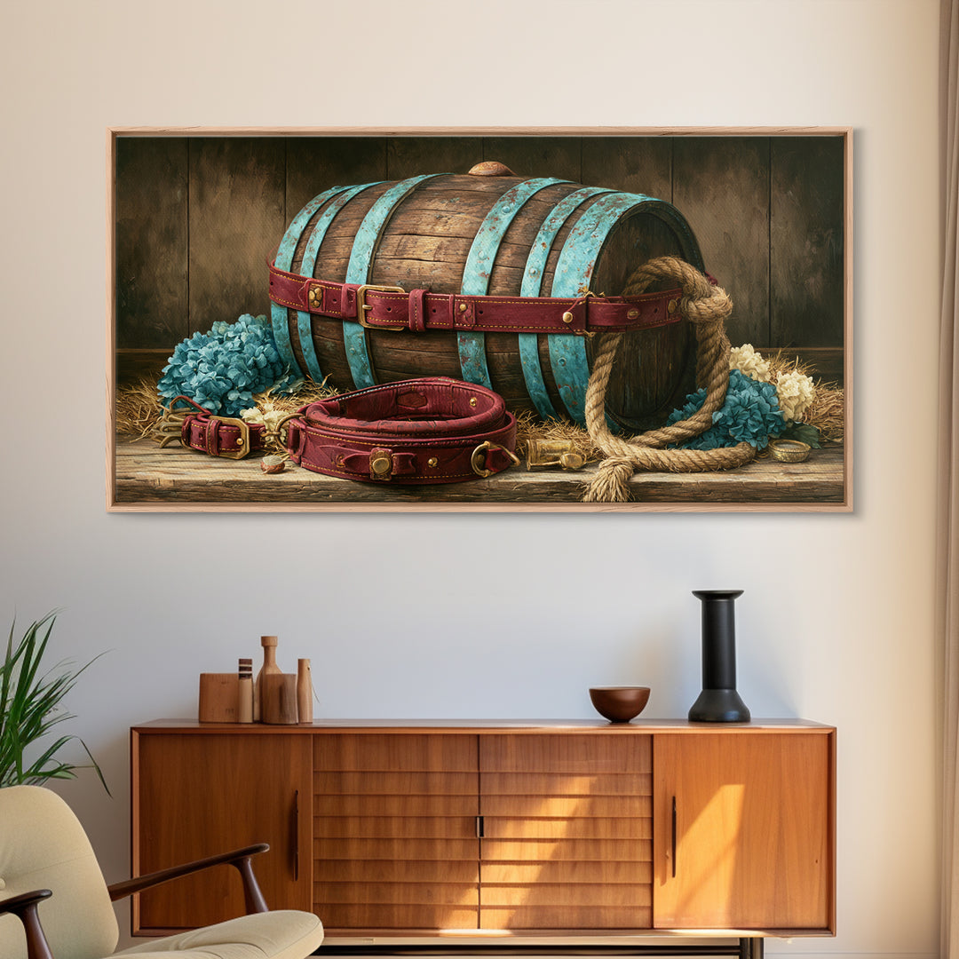 Whiskey Barrel and Leather Still Life Framed Canvas Print, Rustic Art, Landscape Painting, Farmhouse Decor, Fine Art, Rustic, RUS-2x1-87