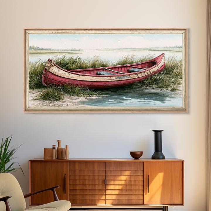 Old Canoe Pulled Onto a Lake Shore Framed Canvas Print, Rustic Art, Farmhouse Decor, Fine Art, Rustic, Gallery Wall Art, RUS-2x1-88