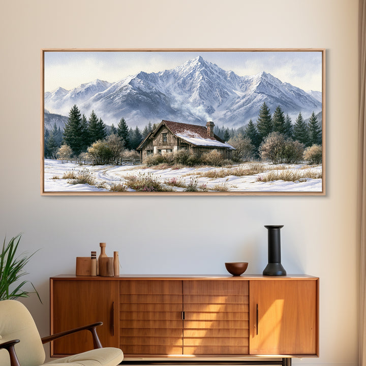 Winter Mountain Scene Framed Canvas Print, Rustic Art, Printable Wall Art, Farmhouse Decor, Watercolor Art, Rustic, Wood Art, RUS-2x1-91