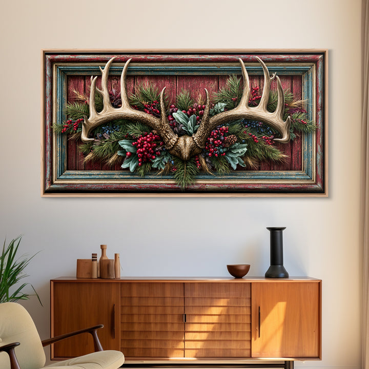 Deer Antlers with Pine Branches and Berries Canvas Print, Rustic Art, Painting, Farmhouse Decor, Oil Painting, Rustic, RUS-2x1-94