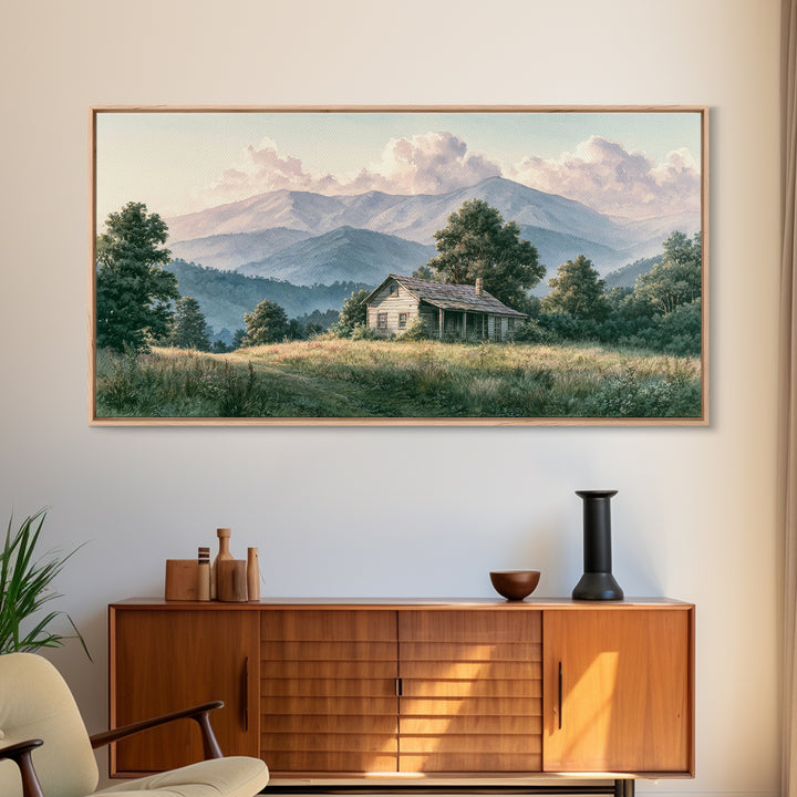 Mountain Cabin Landscape Framed Canvas Print, Rustic Art, Living Room Art, Farmhouse Decor, Oil Painting, Rustic, RUS-2x1-95