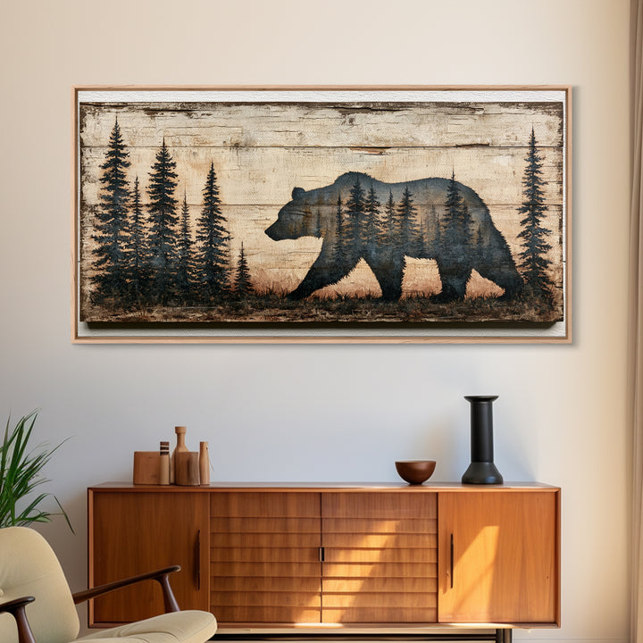Bear Silhouette Among Pine Trees Framed Canvas Print, Rustic Art, Abstract Wall Art, Farmhouse Decor, Fine Art, Rustic, RUS-2x1-99