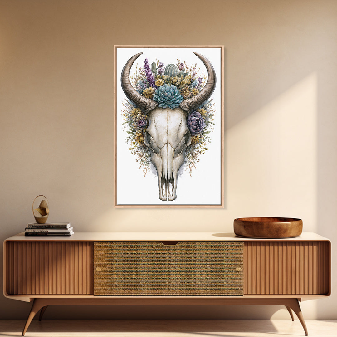 Cow Skull with Desert Flowers Framed Canvas Print, Rustic Art, Wall Art, Farmhouse Decor, Oil Painting, Rustic, RUS-2x3-1
