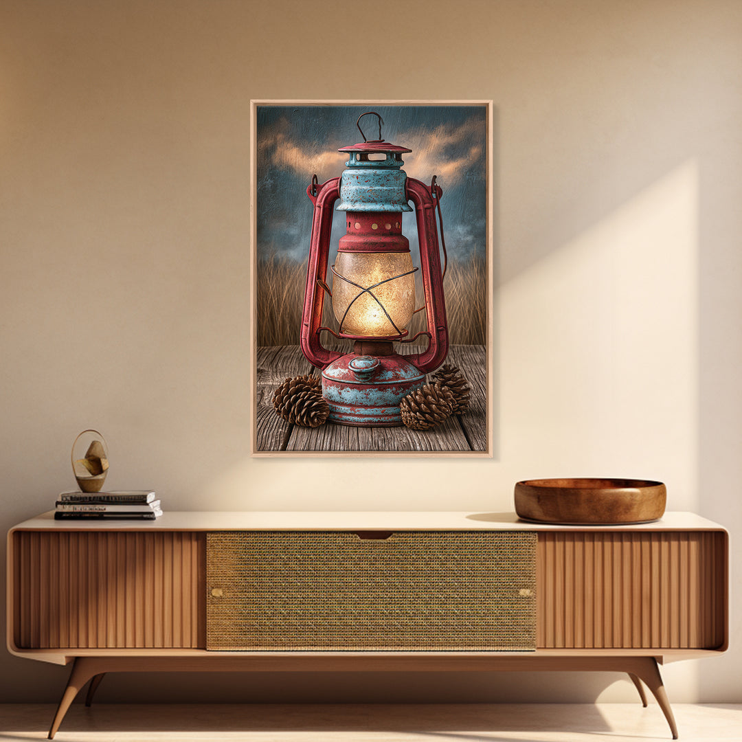 Rustic Lantern Glowing Beside Pinecones Framed Canvas Print, Rustic Art, Minimalist Decor, Farmhouse Decor, Oil Painting, RUS-2x3-12