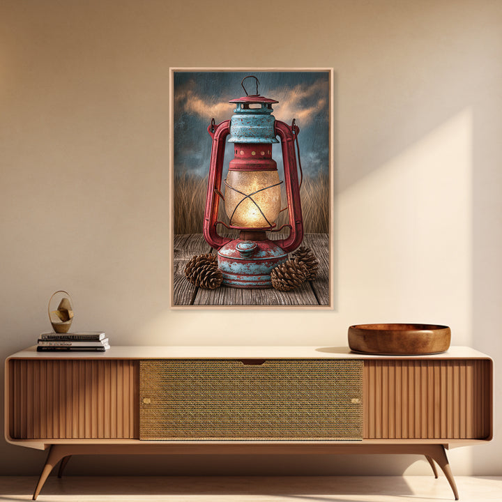 Rustic Lantern Glowing Beside Pinecones Framed Canvas Print, Rustic Art, Minimalist Decor, Farmhouse Decor, Oil Painting, RUS-2x3-12