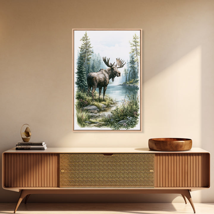 Moose Standing by a Quiet Lake Framed Canvas Print, Rustic Art, Digital Prints, Farmhouse Decor, Fine Art, Rustic, 3d Wall Art, RUS-2x3-17