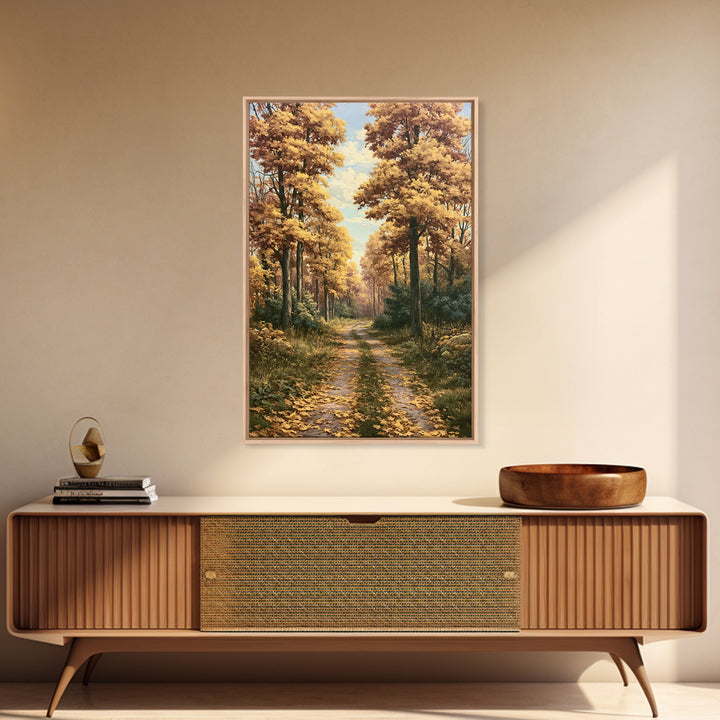 Forest Path with Golden Autumn Leaves Framed Canvas Print, Rustic Art, Statement Artwork, Farmhouse Decor, Fine Art, Rustic, RUS-2x3-2