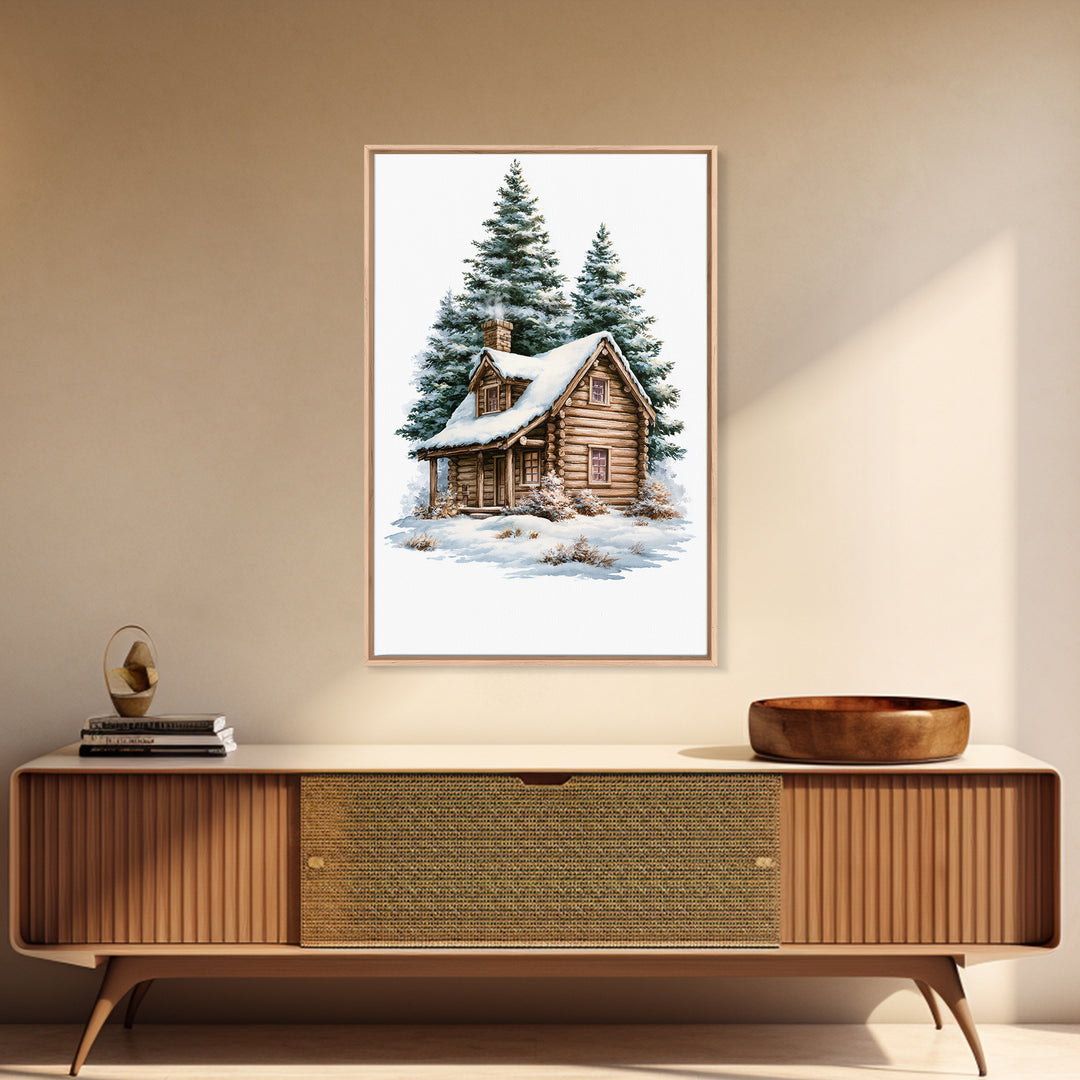Log Cabin with Snowy Pines Canvas Print, Rustic Art, Luxury Decor, Farmhouse Decor, Fine Art, Rustic, Printable Wall Art, RUS-2x3-23