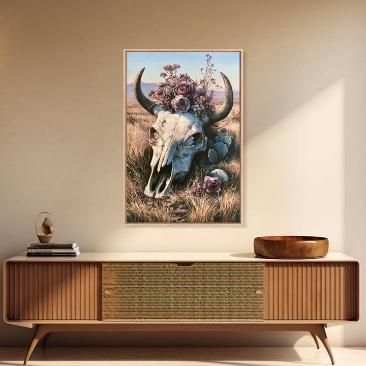 Cow Skull with Desert Flowers Framed Canvas Print, Rustic Art, Wall Art, Farmhouse Decor, Oil Painting, Rustic, RUS-2x3-25