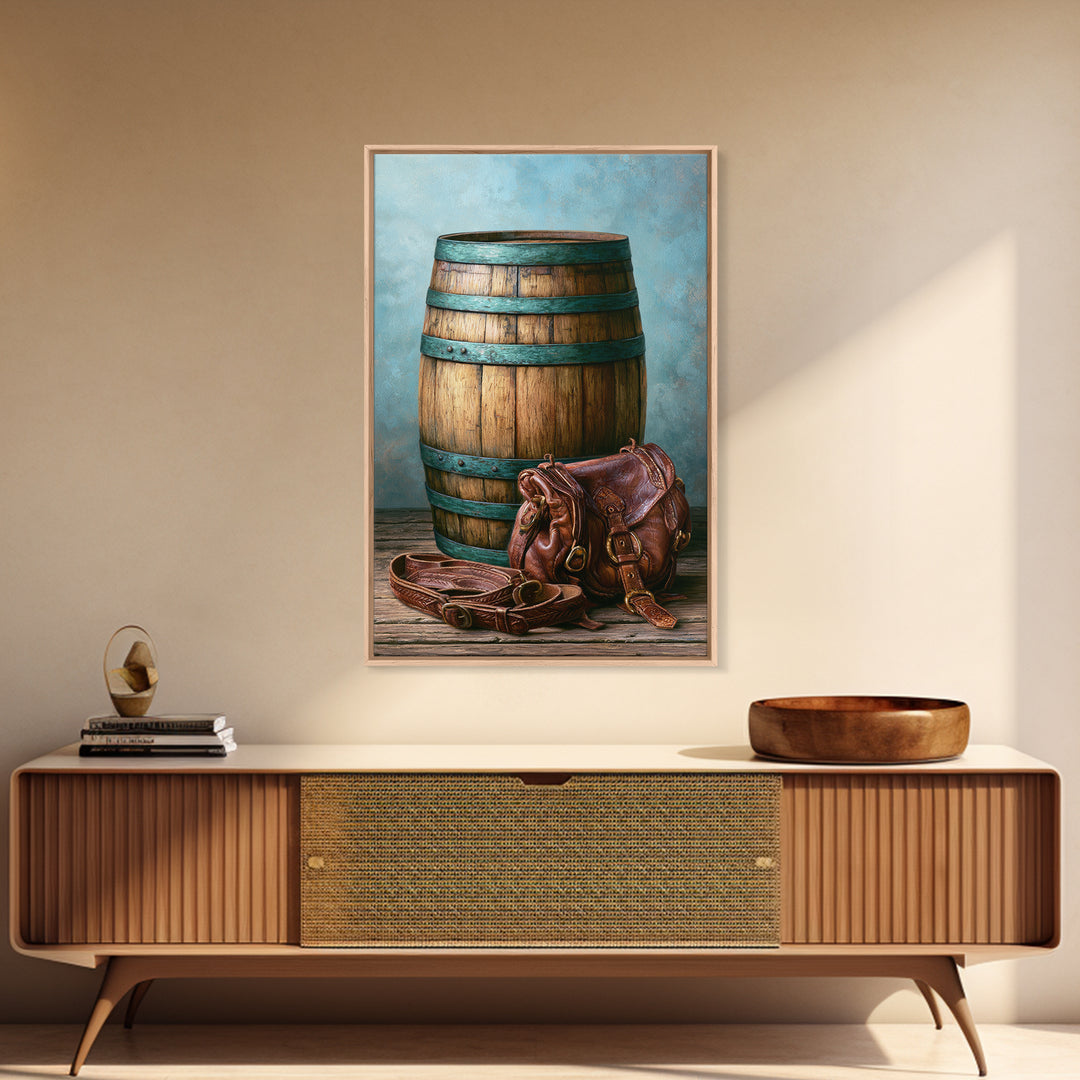 Whiskey Barrel and Leather Still Life Framed Canvas Print, Rustic Art, Downloadable Art, Farmhouse Decor, Fine Art, Rustic, RUS-2x3-3