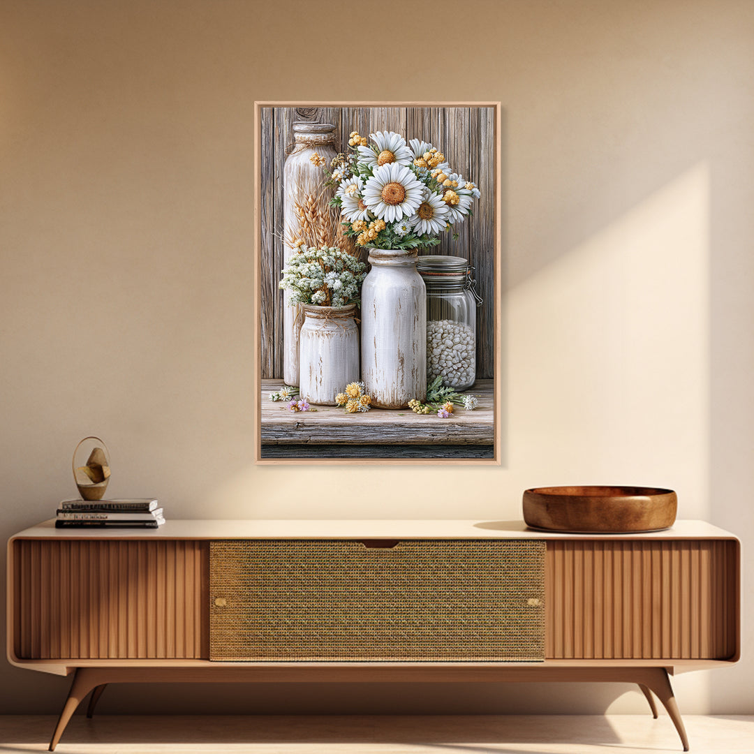 Weathered Barn Wood and Wildflower Still Life Framed Canvas Print, Rustic Art, Oil Painting, Farmhouse Decor, Fine Art, Rustic, RUS-2x3-33